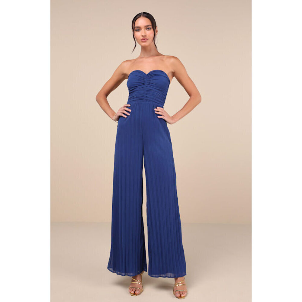 Lulus Certainly Charming Blue Pleated Strapless Wide-leg Jumpsuit - Size S